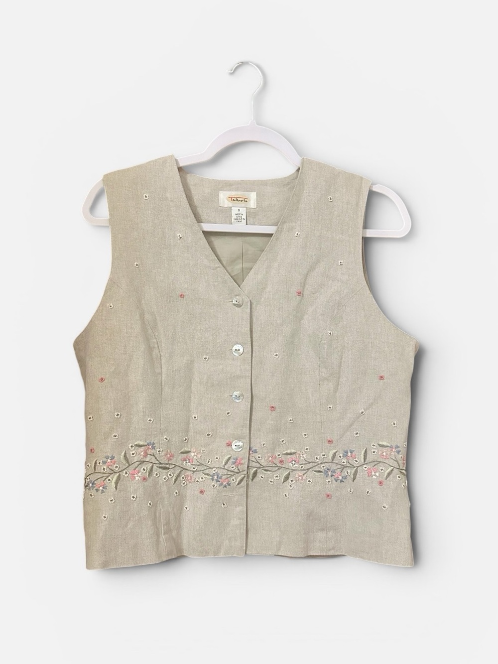Talbots Vintage Linen Blend Floral Embroidered Vest Size S